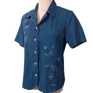 VINTAGE ALFRED DUNNER Stretch Denim Jean Top Shirt Blouse‎ 8 Floral Embroidery